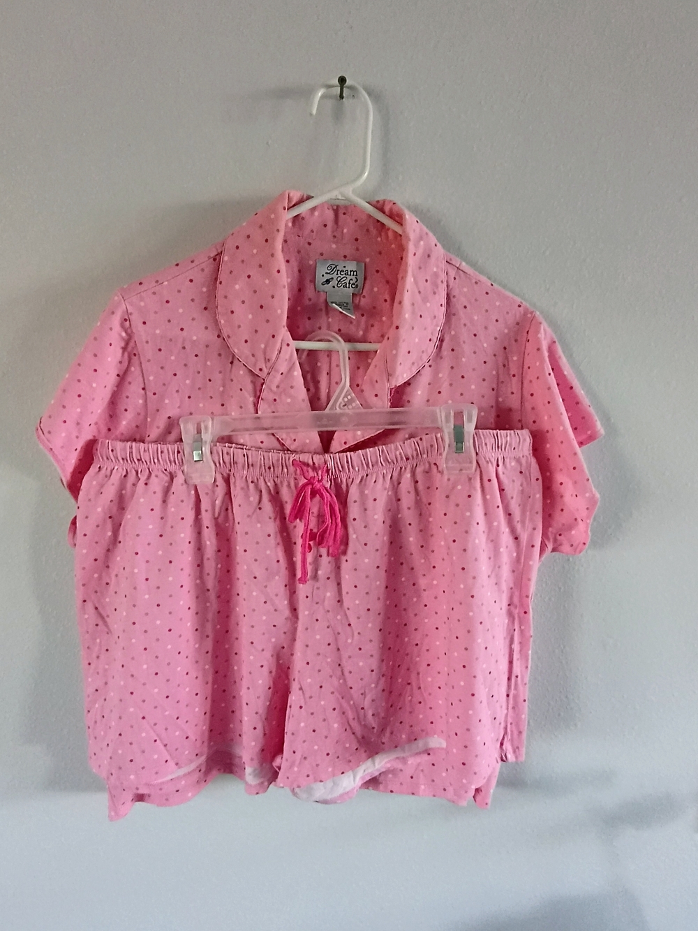 Dream Cafe 1X Pink Polka Dot Pajama Set Cotton Button Front Shorts Lounge Set